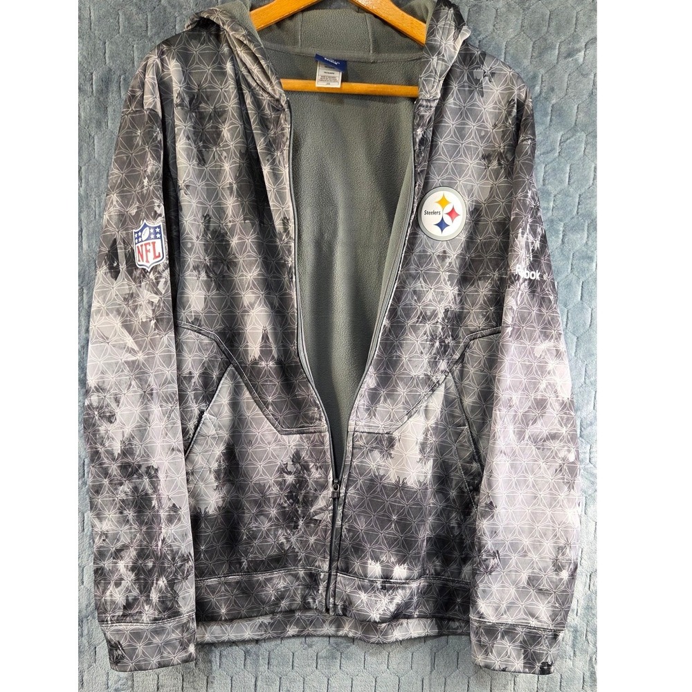 Reebok NFL Onfield Pittsburgh Steelers Full Zip Hoodie Grey Tie Dye Men's Large